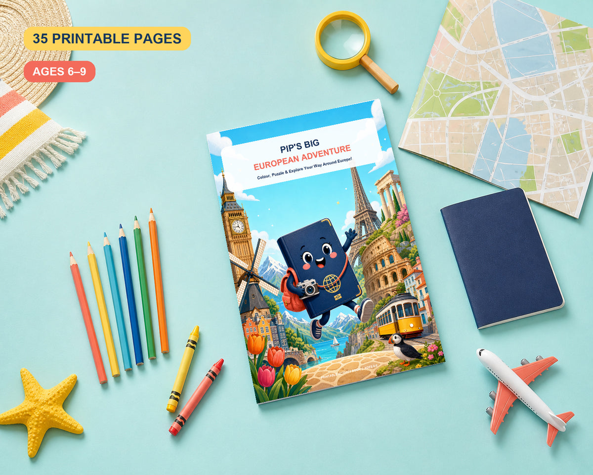 Pip’s Big European Adventure printable activity book with coloured pencils, map and travel props, for ages 6–9.