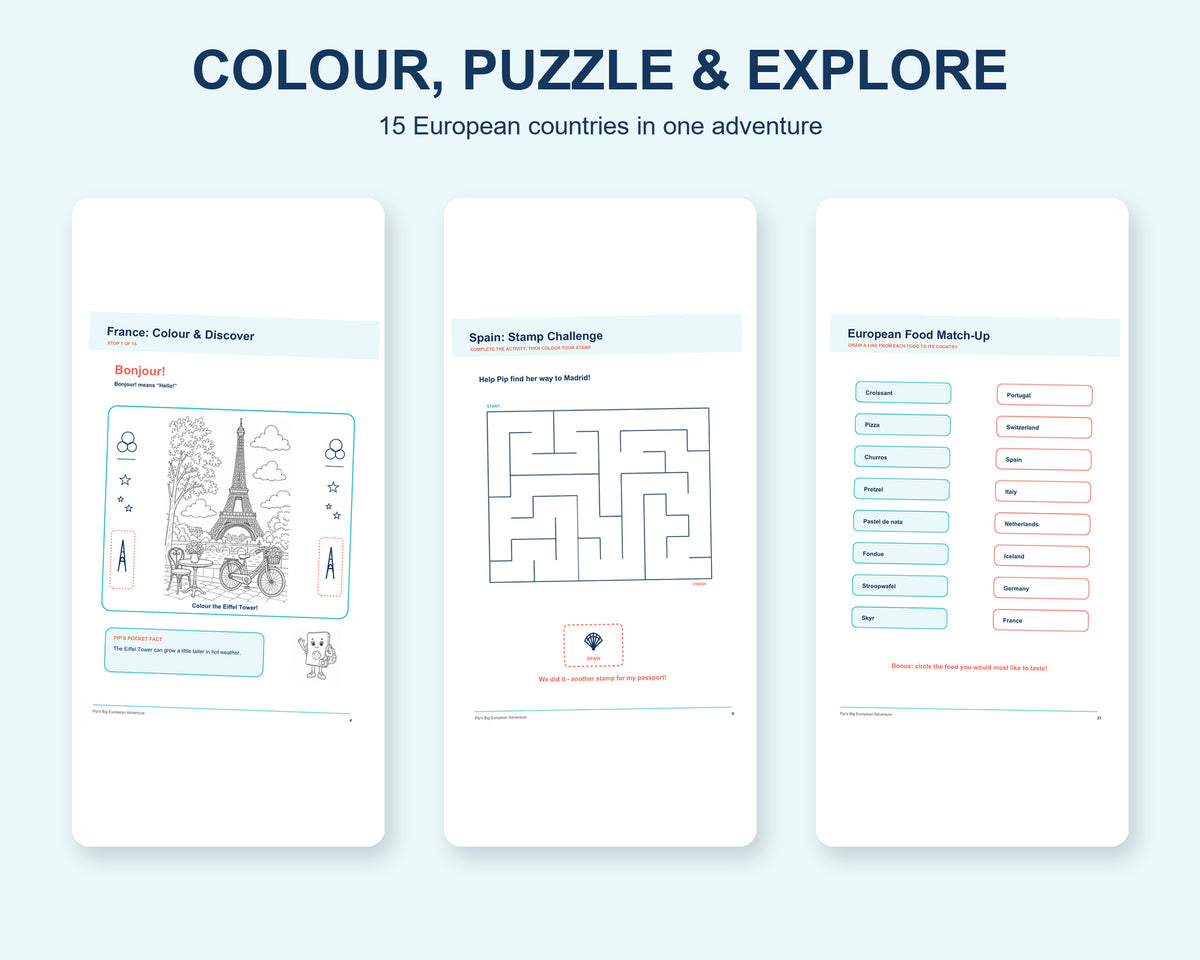 Colour, puzzle and explore preview showing Eiffel Tower colouring, a Spain maze and a European food matching activity.