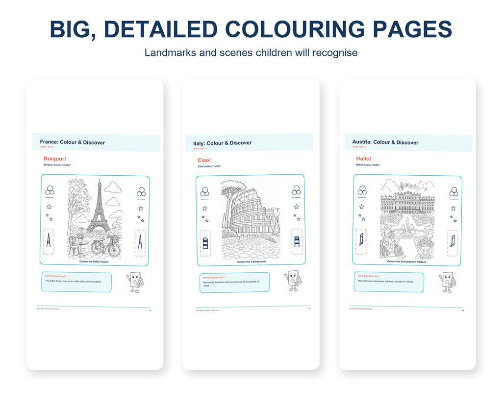 Large landmark colouring pages from Pip’s activity book featuring the Eiffel Tower, Colosseum and Schönbrunn Palace.