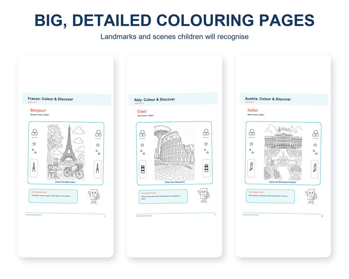 Large landmark colouring pages from Pip’s activity book featuring the Eiffel Tower, Colosseum and Schönbrunn Palace.