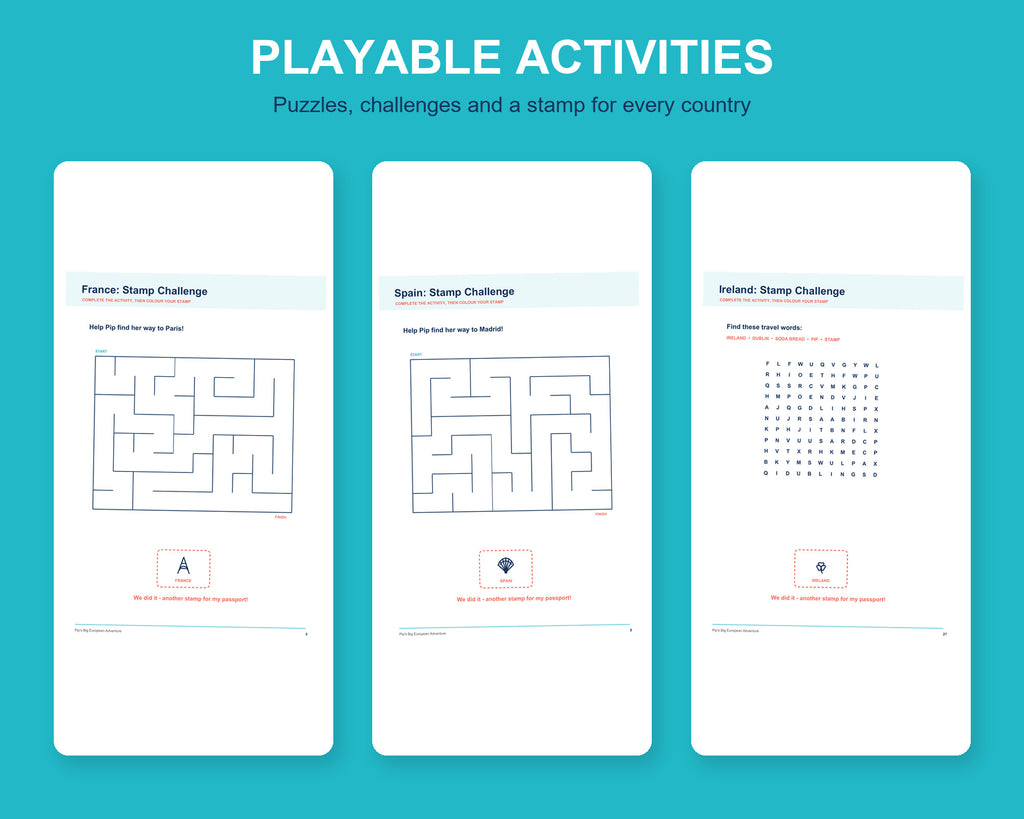 Playable Pip activity pages showing France and Spain mazes, an Ireland word search and country reward stamps.