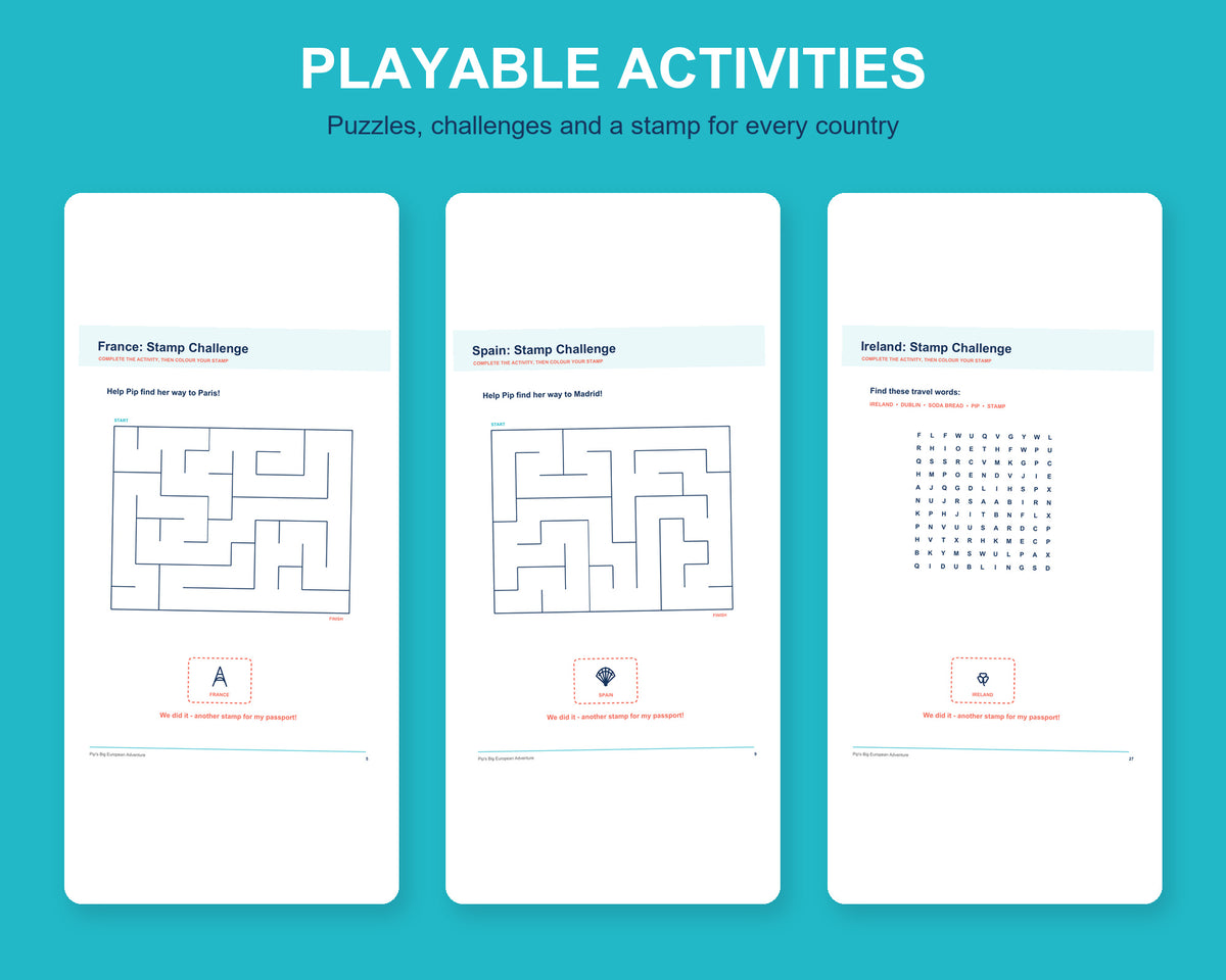 Playable Pip activity pages showing France and Spain mazes, an Ireland word search and country reward stamps.