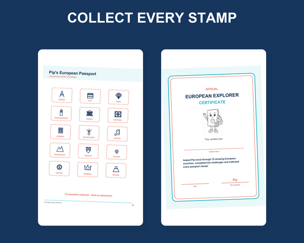 Pip’s European passport reward-stamp page beside the printable European Explorer completion certificate.