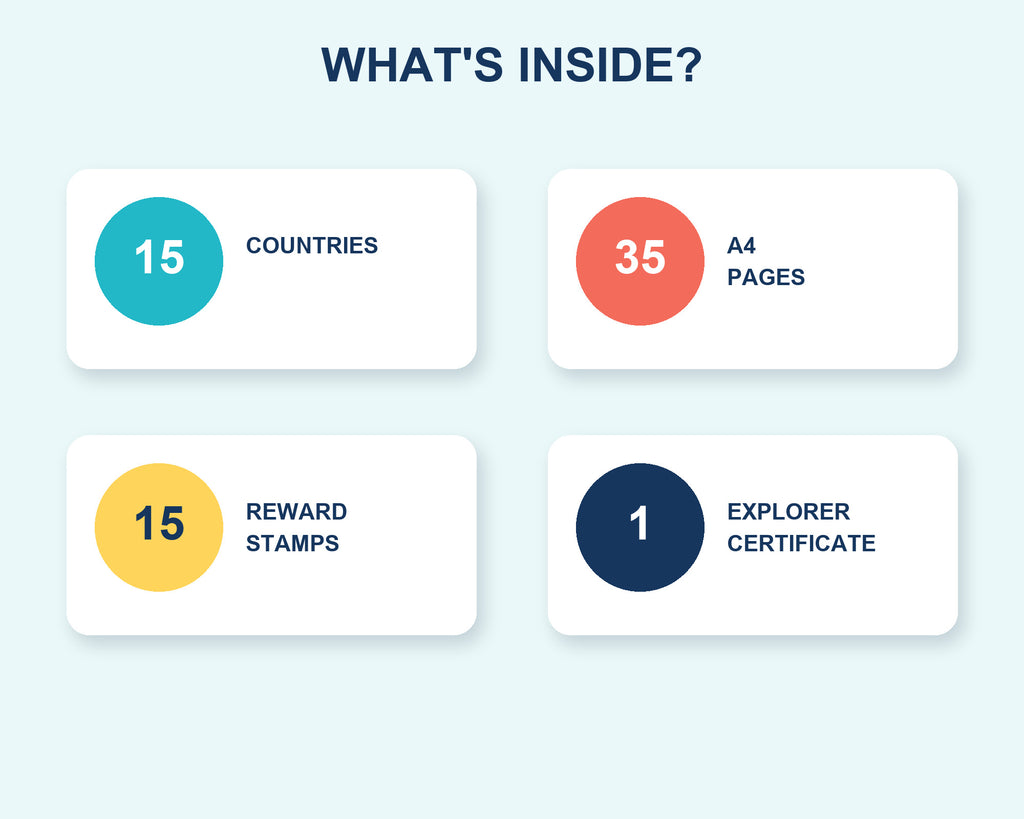 What’s inside Pip’s printable activity book: 15 European countries, 35 A4 pages, 15 stamps and one certificate.