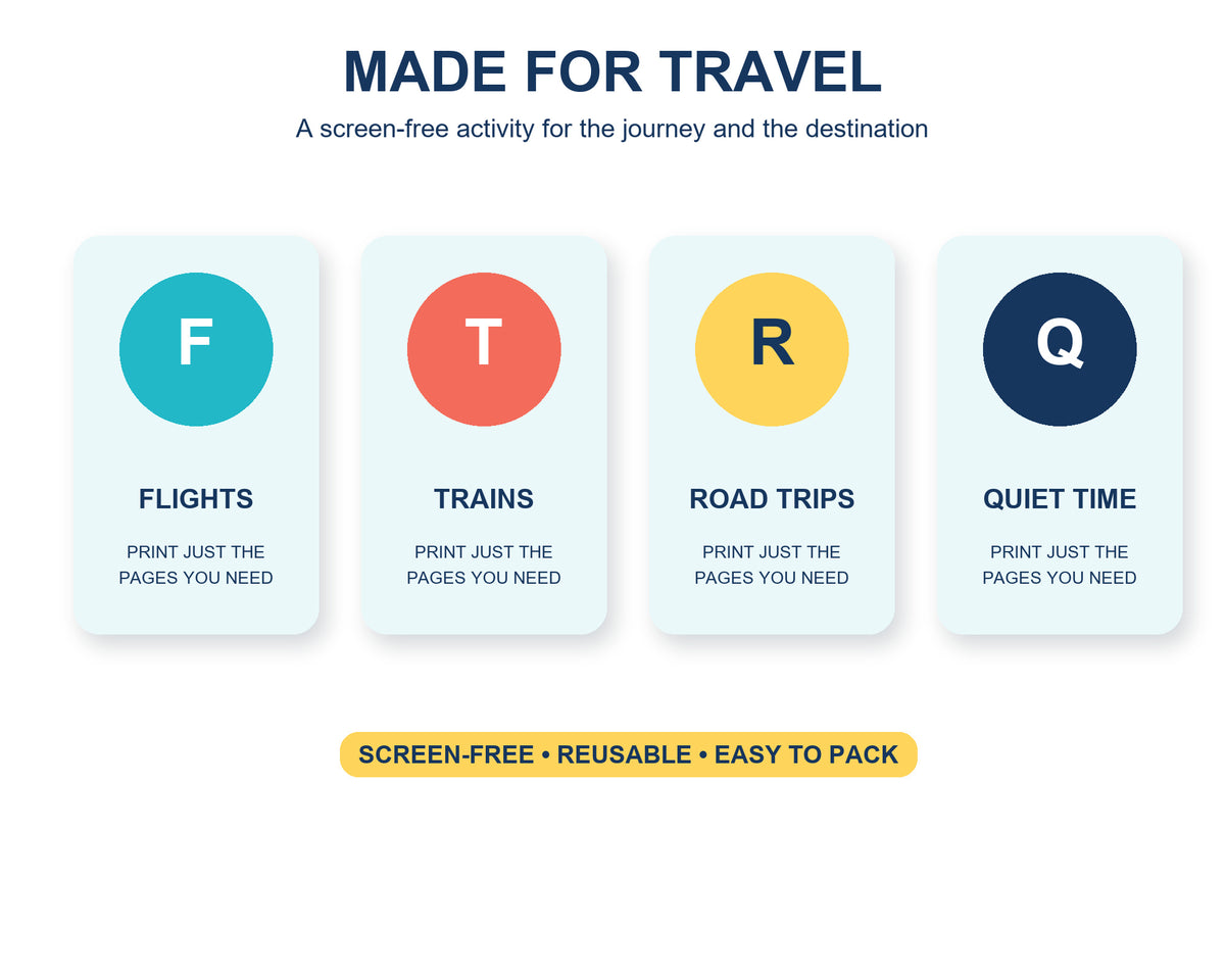 Screen-free Pip activity book made for flights, trains, road trips and quiet time while travelling with children.