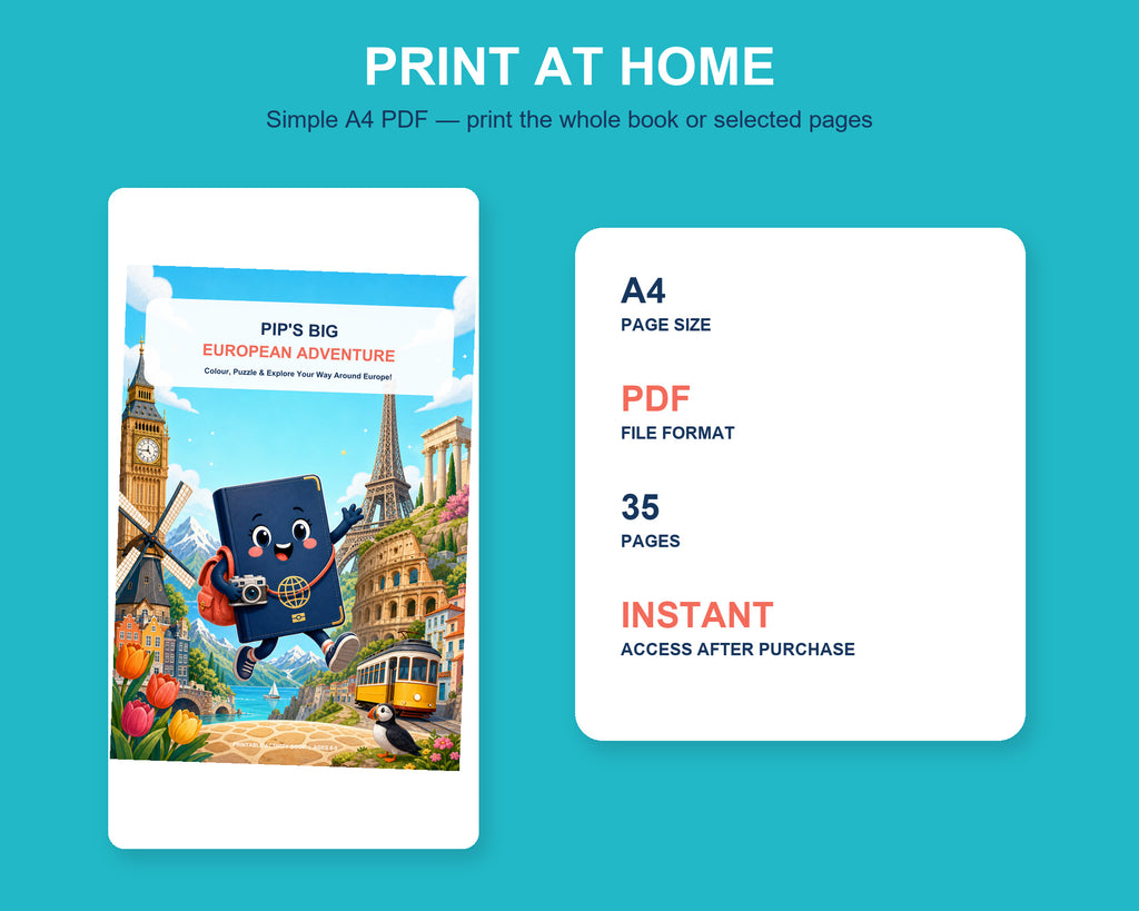 Print-at-home information for Pip’s activity book, showing the colourful cover and A4 PDF format for selected pages.