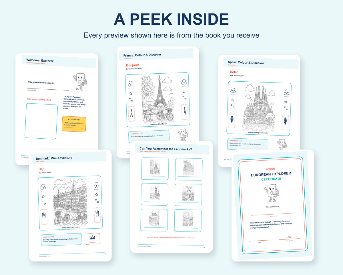 Peek inside Pip’s printable book with a welcome page, Eiffel Tower colouring and Sagrada Família colouring activity.