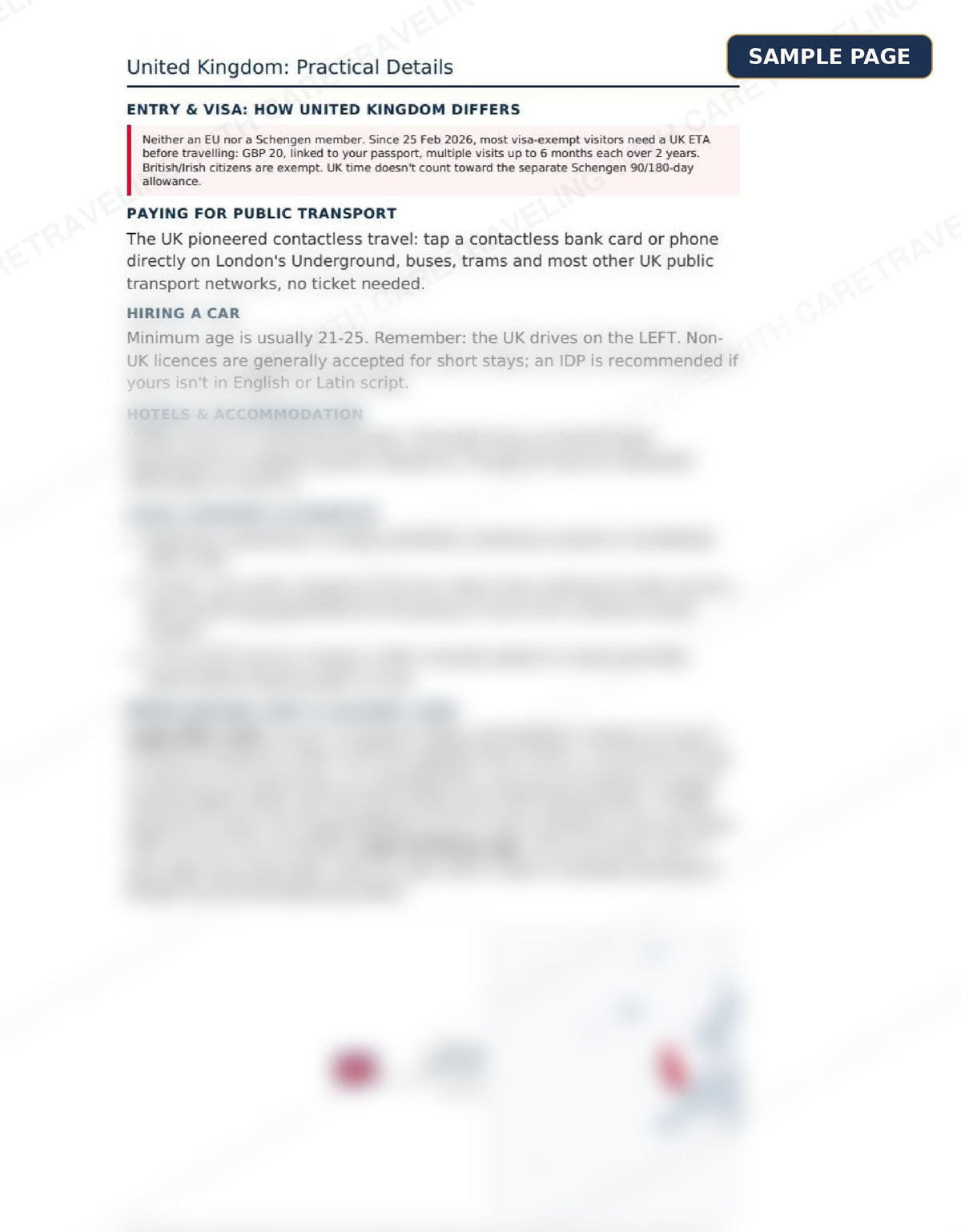 Sample page from the British Isles Travel Guide showing United Kingdom practical details