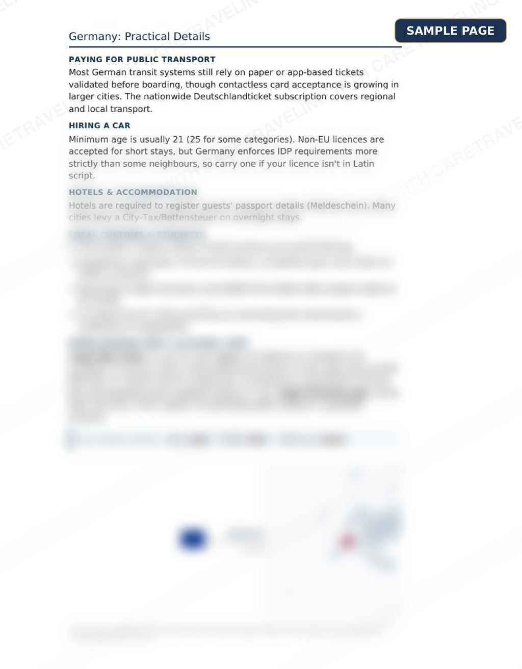 Sample page from the Europe Travel Guide showing Germany practical details
