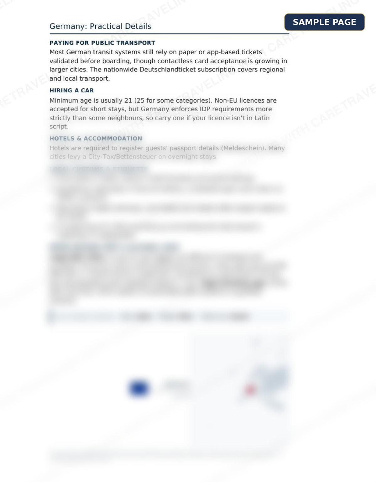 Sample page from the Europe Travel Guide showing Germany practical details