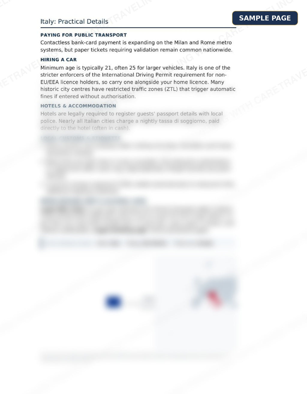 Sample page from the Mediterranean Travel Guide showing Italy practical details