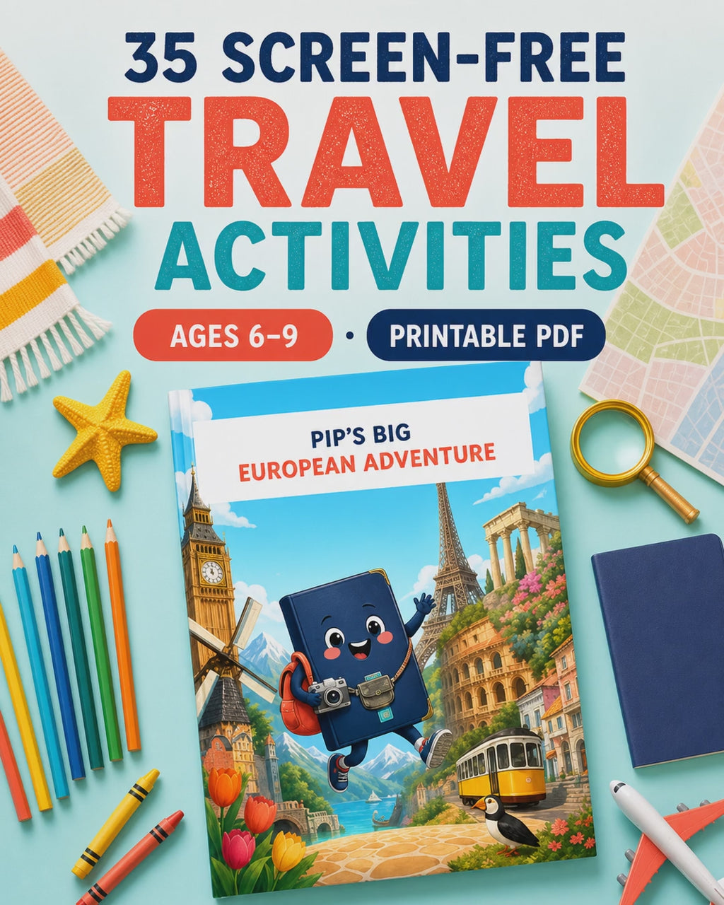Short video preview of Pip’s Big European Adventure, a 35-page screen-free printable travel activity book for ages 6–9.